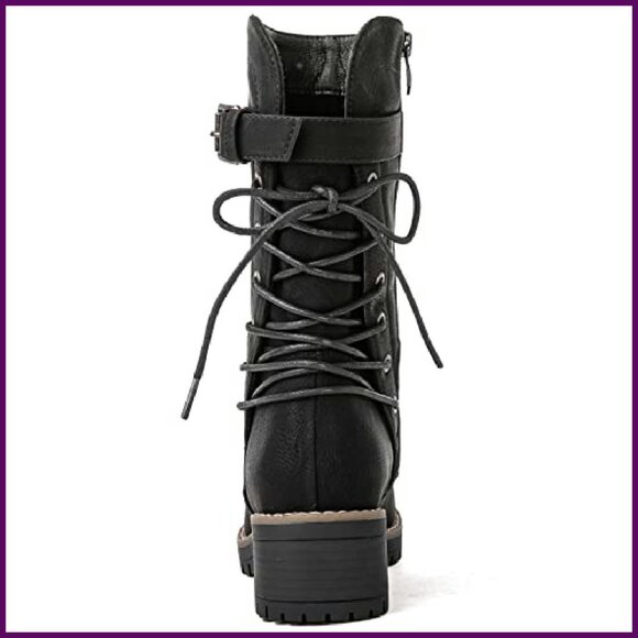 Women's Mid Calf Motorcycle Boots Lace Up Side Zipper Combat Riding - Picture 6 of 8